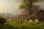 Placeholder: Peder Mork Monsted style, farm yard with hens, chariot