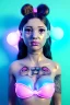 Placeholder: Ultra Realistic image, woman with muppet bikini dress, portrait, normal complexion, natural small busty, traditional big Japanese tattoo, two muppet bows hair ,black eye long liner, inflatable, gold pink and blue style, spray line glow make up, geometric led jewelry, fog, hot, inflatable style latex coat, vibrant color, highly detailed, art stations, concept art, smooth, unreal engine 5, god rays, ray tracing, RTX, lumen lighting, ultra detail, volumetric lighting.