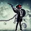 Placeholder: cyborg one man band, full moon background center large, steampunk style, horizontal image, 3d, hd