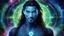 Placeholder: beautiful gorgeous young man na'vi with long hair, Avatar, blue skin, two small ears, green eyes, black hair, in cosmic suit, galactic ambiance, medium pointy goatee , smiling, nebulas and sacred geometry light figures on the backgroud,