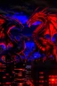 Placeholder: black dragon and red dragon facing each other on top of a high rise building at night