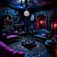 Placeholder: Detailed creepy living-room made of modeling clay, haunted, very accentuated details, Tim Burton, strong texture, extreme detail, Max Ernst, decal, rich moody colors, sparkles, bokeh, odd