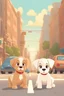 Placeholder: create an image of 1 light brown puppy and 1 white puppy together trying to cross the road in the town ; pixar style; daylight; bright colora