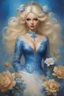 Placeholder: blue, large, woman, blonde, floral designs, atmospheric, beautiful, China Doll, Lap dog, in the art style of Boris Vallejo