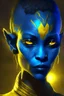 Placeholder: Night time, portrait, Na'vi with a short hair, Avatar, blue skin, two ears, yellow eyes, black hair, african clothes, alien, pandora, red mark on the face