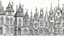 Placeholder: A highly detailed front elevation line drawing of a row of crooked fantasy houses, with twisted tall chimneys, rooms and floors added to sides and roofs, like Harry Potter's Diagon Alley.