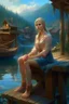 Placeholder: open shirt portrait of alluring fantasy (curve american woman-ex cam mode sitting on the river dockl))) (wearing simple short dress) in photorealistic quality in magical environment, (blonde features) ; highly stylized face and tail portrait fantastically intricate detailed extremely complex art masterpiece by Thomas Kinkade by Ismail Inceoglu trending on Instagram HARDWARE Photographic Art Direction WLOP 5 realistic body centered, beautiful face