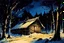 Placeholder: create in ink wash and watercolor of a rustic snowbound cabin at night surrounded by deep drifts and overshadowed by looming trees in the comic book art style of Mike Mignola, Bill Sienkiewicz and Jean Giraud Moebius, highly detailed, grainy, gritty textures, dramatic natural lighting