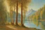 Placeholder: sunny day, lake, trees, sci-fi, mountains, galactic and trascendent, cosmic influence, friedrich eckenfelder and hans am ende impressionism paintings