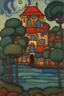 Placeholder: The house nestled by trees near the cerulean sea; Post-Impressionism; Hundertwasser.