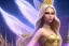 Placeholder: beautiful, very soft, big smiling, very straight and long blonde hair, dewy and shiny vibe, diamond crown, long fairy wings in the back, soft and young full head, golden veil clothes,big smiling smiling, bachground lights pink and blue, near a castle