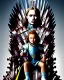 Placeholder: A young vampire girl sitting on a great iron throne, realistic