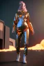 Placeholder: retro sci-fi image from 1980, supermarket explosions, fire, people running, sweet young blonde woman walking, tight latex suit, soft color, highly detailed, unreal engine 5, ray tracing, RTX, lumen lighting, ultra detail, volumetric lighting, 3d, finely drawn, high definition, high resolution.