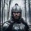 Placeholder: head photo of a strong warrior man wearing an iron knight helmet, full face cover, extreme cold stormy and windy weather, cold forest tundra, cinematic and dramatic photo