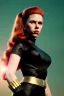 Placeholder: retro portrait image from 1960, sky background, wind, long red hair, fighting stance, sweet young Scarlett Johansson, black dress, classic long tight lycra black suit, gold bracelet and belt, high heel boots, superhero style, soft color, highly detailed, unreal engine 5, ray tracing, RTX, lumen lighting, ultra detail, volumetric lighting, 3d, finely drawn, high definition, high resolution.