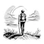 Placeholder: man hiking drawing sketch, icon, ssilhouette