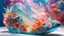 Placeholder: close-up of a beautiful glass shoe, inspired by David LaChapelle, glass flowers, high quality product image, coral reef, flora and fauna, cosmic nebula, Christian Dior style light background, with frozen flowers around of her, stunning design, beautiful, side profile illustration, glass painting, multicolor, displayed, backlight