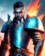 Placeholder: A commander with flaming eyes with flaming light blue pupils with stubble An armor made of a mixture of steel and leather, worn by a strong commander with magical power stands atop a squire