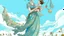 Placeholder: A serene, dreamlike image of a mother carrying her child in a sling, walking gracefully against an aquamarine blue sky. The child gazes up at her with a sweet smile, their hands holding a small toy. The mother's flowing dress is adorned with delicate patterns and flowers, and she wears a simple yet elegant headpiece. Clothes are hanging on a clothesline behind her, billowing gently in the breeze. The overall atmosphere of the image is peaceful, with a hint of a gentle summer's day.