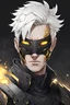 Placeholder: Anime Style drawing, 35 year old Adult Male, Short Messy White Hair, The right side of his face is covered by a black symbiotic living armored face mask, Glowing golden eyes