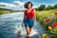 Placeholder: beautiful girl supper model, in nice red top ,blue short pants, with curvy hair,perfect face,perfect eyes,country side wavy narrow river ,wild flowers ,blue sky nice clouds,swimming in water with splash