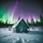 Placeholder: analog film minimal liminal icy a frame dimly lit cabin front elevation squared off and centered with icy trees behind and brilliant purple green aurora borealis - foreground is simple snowy field