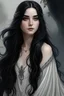 Placeholder: a 16 year old woman, white skin, long wawy black hair, beautiful face, black eyes, in a white dress, realistic epic fantasy style