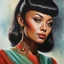 Placeholder: Uhura, wearing her star trek uniform, Facial Portrait, dark, multicolored watercolor stained wall in the background, oil painting in the art style of Boris Vallejo, 32k UHD, Hyper realistic, photorealistic, realistic, sharp, highly detailed, professional quality, beautiful, awesome, majestic, superb, trending on artstation