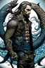 Placeholder: triton with human body, tattoos of scales and waves, dressed in a black leather jacket