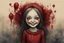 Placeholder: body anormal, smile blood, girl cute, watercolor illustration by <John Kenn Mortensen>, darkred tones,