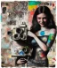 Placeholder: happy beautiful girl holding big proffesional camera in studio. street art, oil on canvas, spray paint, collage, letters, newspapeers, Dave McKean, Vladimir Fedotko, Saturno Butto, Vaughn Bodé, Frank Wu, James C. Christensen, collage, dirty, paint dripping, radiant