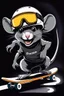 Placeholder: A rat on a skateboard, with glasses and a helmet; the rat laughs; fire coming from behind; cartoon style White ando black colors, with the text "FISCALIA COLOMBIA"