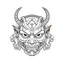 Placeholder: White, minimalis line art , cute oni mask japanes , vector, white background, outline, with images neatly contained within the background, just black and white color, tatto style.