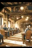 Placeholder: Winter Night, shades of blue, dark, moonlight Lots of People sitting around tables in a medieval tavern with a stone floor, add people to the chairs. Night time, dark, stars