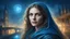 Placeholder: Old canvas, Portrait of a Medieval beautiful woman, loose hair, fantasy, night, fog, blue, city, bridge, sparkles, fine rendering, bright colors, high resolution, 3D, clear lines, photorealism,