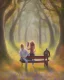 Placeholder: park mystical dream, park bench, man, woman, child, dog, trees, path, bird, sunshine, mystical, fantasy, romanticism, pastel colors, daylight, daytime, acrylic painting, detailed, soft focus,