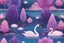 Placeholder: amethysts crystal with transparency, in a forest, lake with swans swimming, lotus flowers, a pink tree flower garden