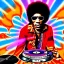 Placeholder: a realistic picture of Jimi Hendrix at a turntable with headphones on being a DJ, vivid color, with sunglasses, psychedelic trippy art