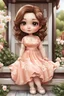 Placeholder: Create an airbrush of a cartoon of a chibi white curvy female sitting on the porch wearing a peach maxi dress. Prominent make up and brown eyes. Extremely highly detailed shiny brown wavy hair. Background of peach, white and black flowers surrounding her