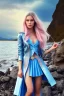 Placeholder: half body shot,realistic portrait of a 20-25 old caucasian model, long blue pink flowing hair, great grey eyes, blue leather jacket,full body, short white skirt,long legs,standing at beach of very nive lake with sunset ,clouds,godrayes