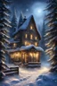 Placeholder: Art by Kajenna, full body, christmas evening in winter forest, falling snow christmas tree and englisch cottage with lightbulbs in background, intricate details, highly detailed, digital painting, stunning, textures, iridescent and luminescent scales, breathtaking beauty, pure perfection, divine presence