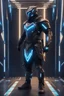 Placeholder: cyberpunk, neon blue, triangle of light floating behind the back, cyber armor, geometric patterns on an armor, male