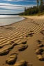 Placeholder: Sand Near THE WATER OF LAKE Gennisaretsky, bare footprints lead to the water. The image is in high quality in 8K.