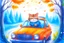 Placeholder: Cute little happy cat scarecrow riding a luxury car, forest path background, winter, snowflakes swirling, waterfall, reflection, mist, sunrise, smooth intricate photorealistic hyperrealistic high definition beautiful lighting pencil sketch watercolor dramatic lighting storybook illustration polished Deep shadows deep color warm light shiny glitters