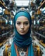 Placeholder: potrait cinematography colors a beautiful face woman hijab humanoid hijab robot mechanical walking in between two rows of complex machinery with vibrant colors