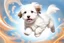 Placeholder: A high-speed action shot of a white Havanese puppy with brown ears, captured in mid-leap or play. The image is detailed and intricate, featuring swirling fractal patterns surrounding the puppy, enhancing the sense of motion and energy. In the background, there's a mesmerizing fractal landscape, with complex geometric shapes and vibrant colors. The landscape and the fractal patterns around the puppy blend seamlessly, creating a dynamic and visually captivating scene in space with chrome silver pl