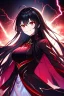 Placeholder: girl, masterpiece, best quality, cinematic lighting, detailed outfit, vibrant colors, perfect eyes, black hair, long hair, vibrant red eyes, lightning magic, angry, smile, evil look,