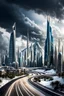 Placeholder: A realistic Dubai city scape with futuristic buildings and roads, K2 huge snowy Mountain in the background, dramatic heavy dark clouds sky.