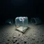 Placeholder: A photo of a dark, closed environment taken with a Hasselblad H6D 400c camera. At the center, a transparent structure made of indefinite shape, made of various materials, covered with silver, red, and black plastic material. The surface below appears to be rocky, with small accumulations of sand. In the background, other forms or structures are visible, some of which are thin and transparent.