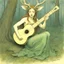 Placeholder: Sylvian nymph with antlers playing a lute in a wooded glade, By Jean Baptiste Monge, rough color pencil illustration, dark green and brown colors